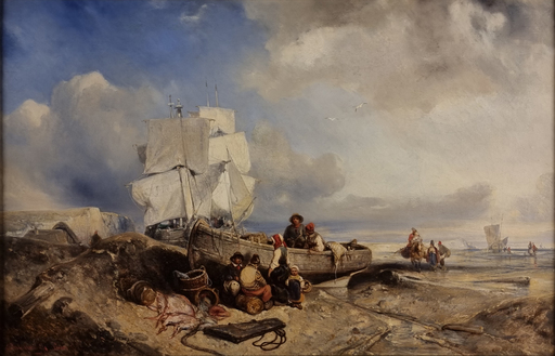 Eduard HILDEBRANDT - Painting - Küstenlandschaft mit Fischern