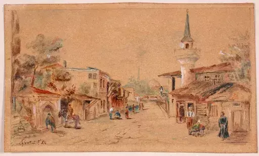 Ferencz EISENHUT - Drawing-Watercolor - "Oriental Village" by Ferenc Eisenhut, 1890