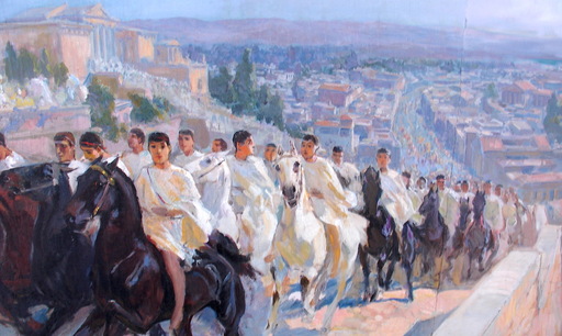 Ulpiano CHECA Y SANZ - Painting - “ La fête des Panathénées " s'inspiraient des Jeux 