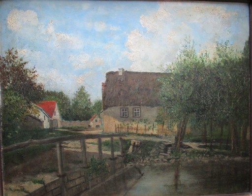 Paul BAUM - Painting - Gehöft mit Teich und Brücke