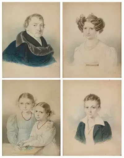 Josef KRIEHUBER - Drawing-Watercolor - "Viennese family" four watercolor portraits, 1827
