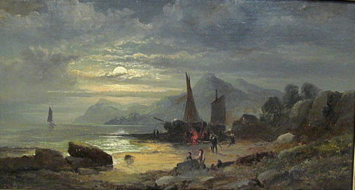 William Georges THORNLEY - Pintura - Coastal scene at moonlight.