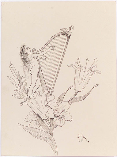 Franz DVORAK - Dibujo Acuarela - "Elf Playing Harp", ca 1900 