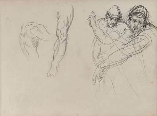 Gustave MOREAU - Disegno Acquarello - Deux études pour le soldat casqué situé derrière Dariu