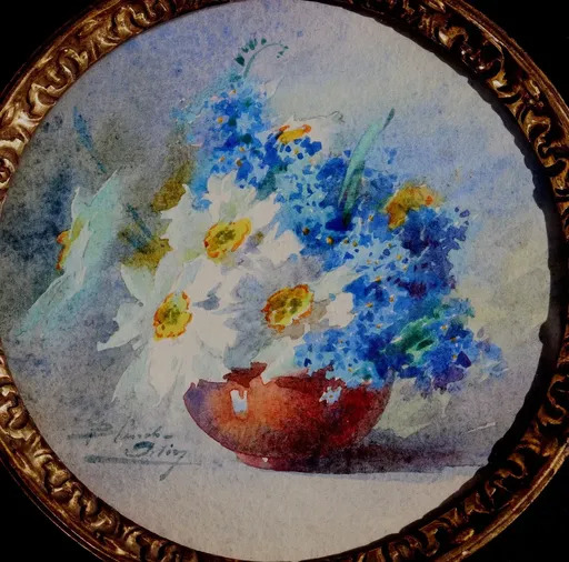 Blanche ODIN - Dibujo Acuarela - "NARCISSES ET MYOSOTIS"