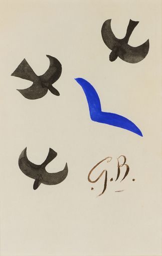 Georges BRAQUE - Dessin-Aquarelle - Trois oiseaux noirs et un bleu