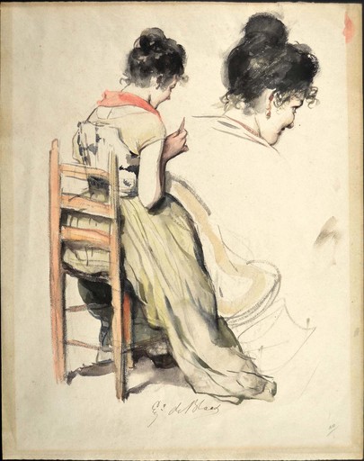 Eugen Alfons VON BLAAS - Dibujo Acuarela - Seated Woman sewing