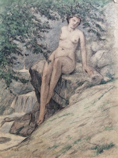 Charles françois MOUTHON - Disegno Acquarello - Nu à la cascade - (M45)