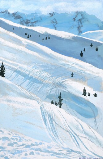 Marius Charles CHAMBON - Dibujo Acuarela - Courchevel, traces de ski dans la poudreuse