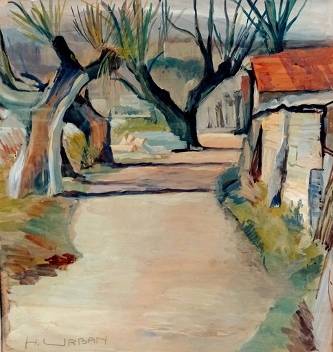 Harry URBAN - Dibujo Acuarela - Chemin bordé d'arbres et de maisons 