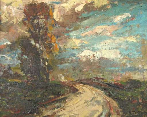 Gaétan MONTAGNEY - Painting - Route de campagne bordée d'arbres