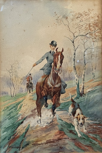 M. GUILLEBERT - Drawing-Watercolor - Chasse à courre en amazone 