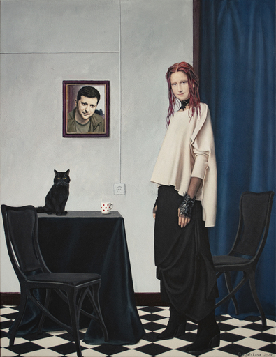 Nataliya BAGATSKAYA - Pintura - Contemporary portrait "Coffee with the President"