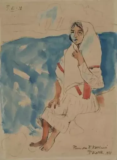 Pravoslav KOTIK - Painting - "Sitting Country Girl" by Pravoslav Kotik, Watercolour