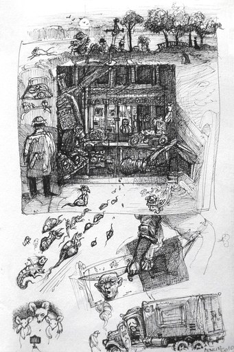 Philippe MOHLITZ - Drawing-Watercolor - « Le déménagement nocture »
