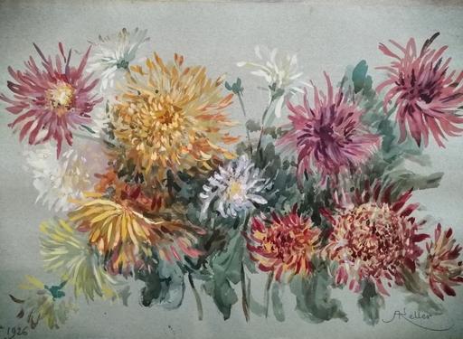 Alfred KELLER - Dibujo Acuarela - Nature morte aux fleurs