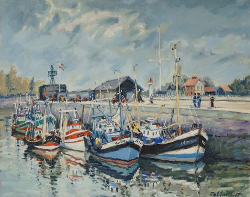 Robert GUILBERT - Peinture - Honfleur, barques et môle central