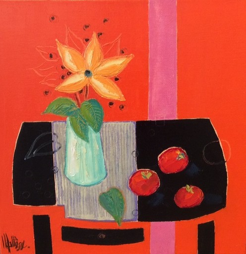 Jean-Pierre MALTESE - Painting - Table noire et bande rose 