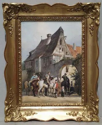 Reinhold BRAUN - Drawing-Watercolor - "Village Scene" by Reinhold Braun, 1850