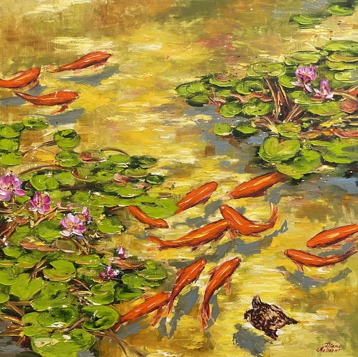 Diana MALIVANI - Painting - Koi Fish Pond with a Little Turtle