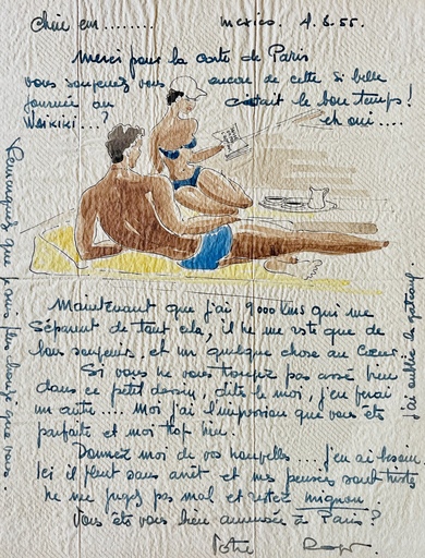 Roger CHAPELAIN-MIDY - Drawing-Watercolor - Détente à la plage 