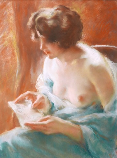 Charles Émile Moïse HORNUNG - Disegno Acquarello - Femme à la poitrine dénudée lisant une lettre