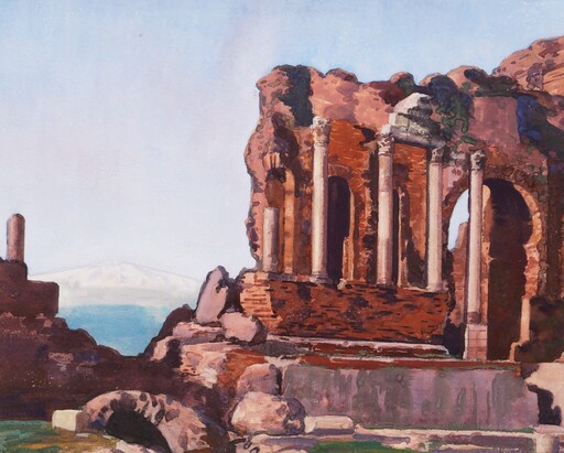 Marius AVY - 水彩作品 - Ruines du théâtre romain à Taormine, au fond l'Etna