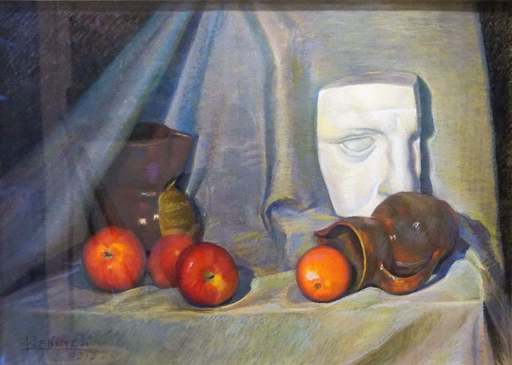 Angeles BENIMELLI - Painting - Still life of the mask, jugs and apples