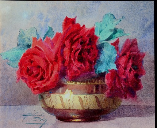 Blanche ODIN - Drawing-Watercolor - BOUQUET DE ROSES ROUGES DANS UN VASE EN FAÏENCE EMAILLE"