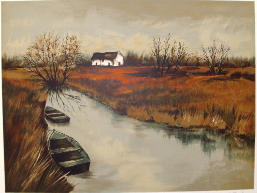 Eric PEYROL - 版画 - Maisons dans le marais,1982.