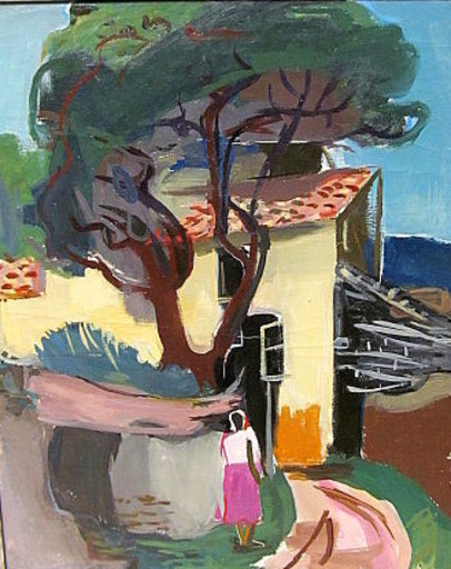 Erich HARTMANN - Gemälde - Frau vor Haus im Süden. 