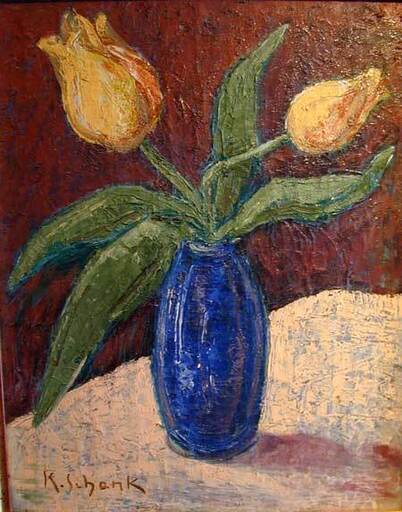 Karl SCHENK - Painting - Untitled - Yellow Tulips in a Cobalt Blue Vase