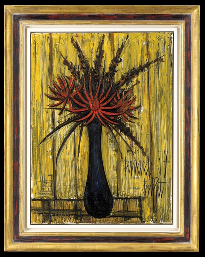 Bernard BUFFET - Pintura - Bouquet de Fleurs sur Fond Jaune