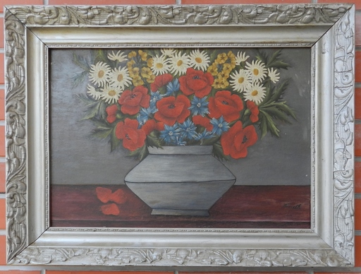 Jozsef NEMETH - Pintura - Bouquet of spring flowers in a blue vase