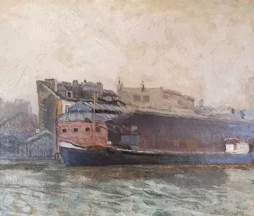 Willem HASSELT VAN - Gemälde - Péniche au bord du Bassin de la Villette