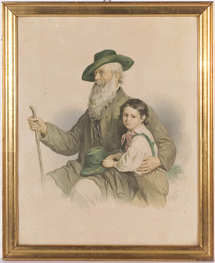 Anton HAALA - Disegno Acquarello - "Old Man with Child",  Watercolor
