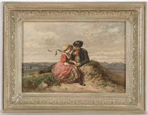 Adolphe DILLENS - Disegno Acquarello - "Courting couple", watercolor, 1850/70s