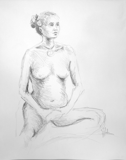 Annie MALARME - Drawing-Watercolor - Femme assise au chouchou