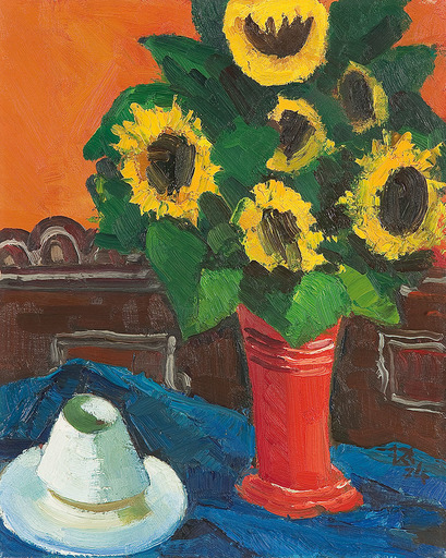 Rudolf KLAUDUS - Painting - Sonnenblumen in roter Vase