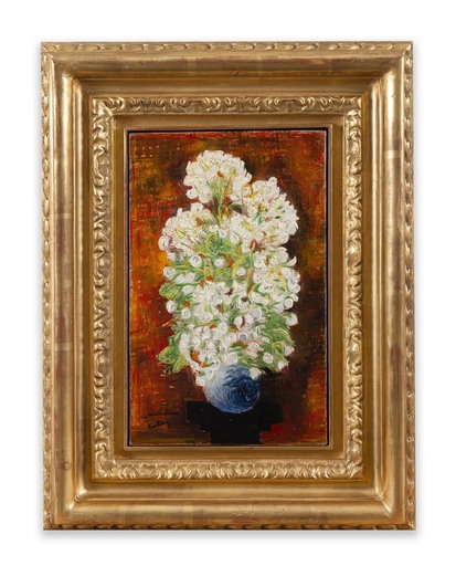 Moïse KISLING - Gemälde - Bouquet de fleurs sur fond rouge-orangé