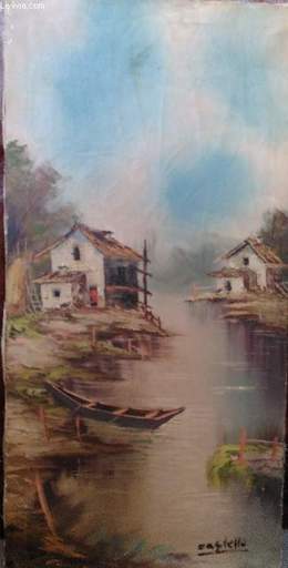 Gastón CASTELLÓ - Painting - Sans titre  - Deux maisons et une barque en bordure de canal