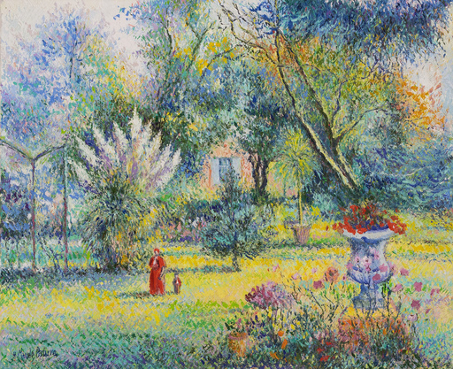Hugues Claude PISSARRO - Gemälde - Le petit Jean Guillemette et sa mère au Jardin de Marras