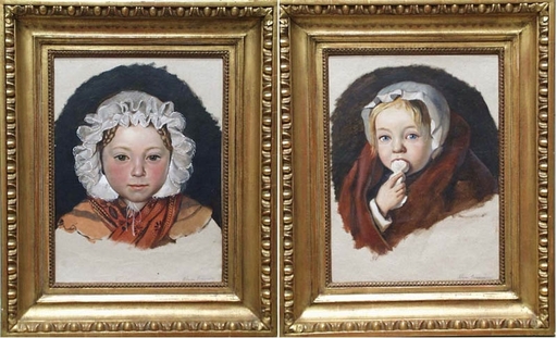 Adam BRENNER - Painting - Portraits of Artist's Daughters, Two Oil Paintings, ca 1830