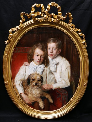 Lucien Hector JONAS - Peinture - Portrait de deux enfants avec leur chien