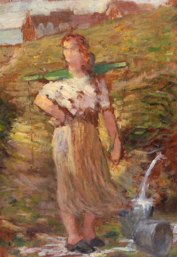 Paul SIEFFERT - Pintura - Femme à la palanche dans un paysage breton en bord de mer