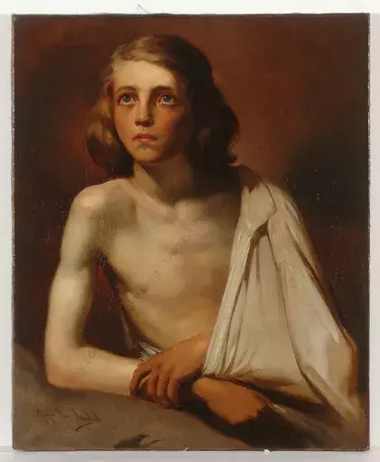Joseph VAN SEVERDONCK - Pintura - "Portrait of a semi-nude boy", oil on canvas, Mid of 19th ce