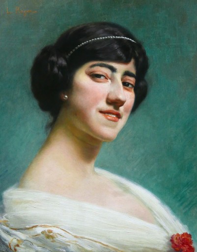 Louis ROGER - 绘画 - Portrait de femme brune à la chaîne de tête en perles