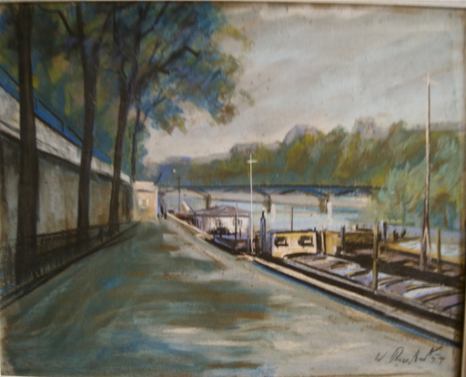 Willy James ROCHAT - 水彩作品 - Quai de Seine, péniche au pont des arts. Paris