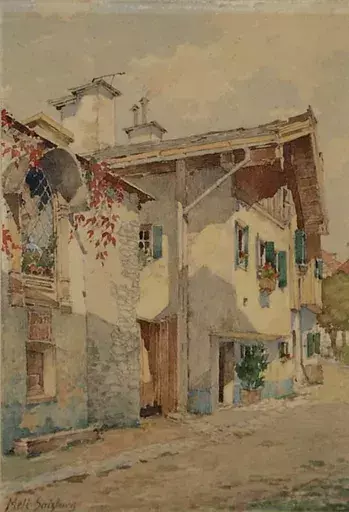Carl MELL - Dibujo Acuarela - "Motive of Salzburg" by Karl Mell, ca 1900