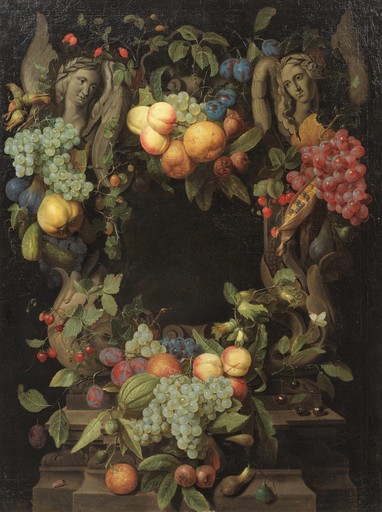 Joris VAN SON - Gemälde - "A garland of peaches, plums, grapes, pears"